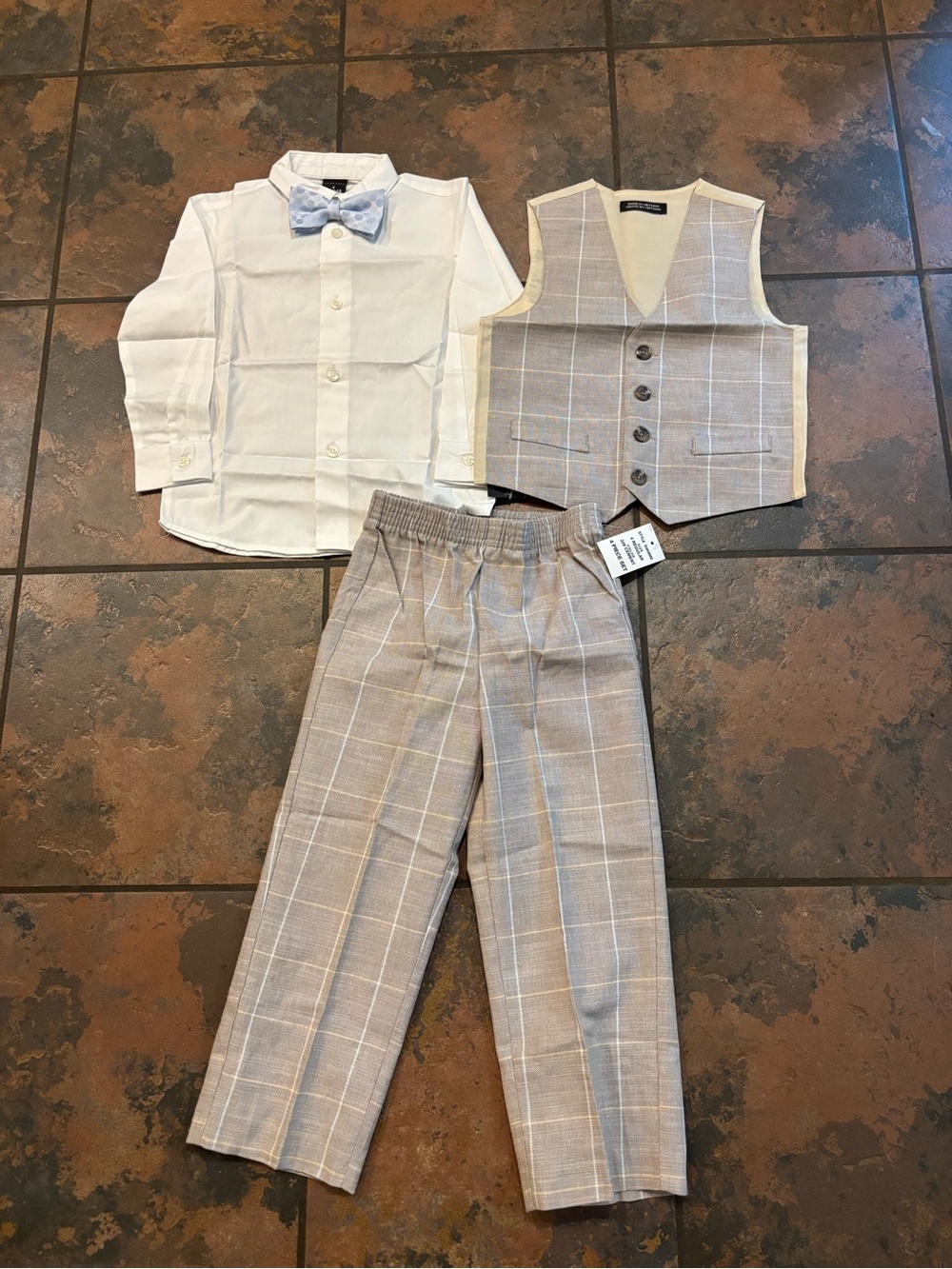 Boys Plaid Dress Pants & Vest Set with White Shirt